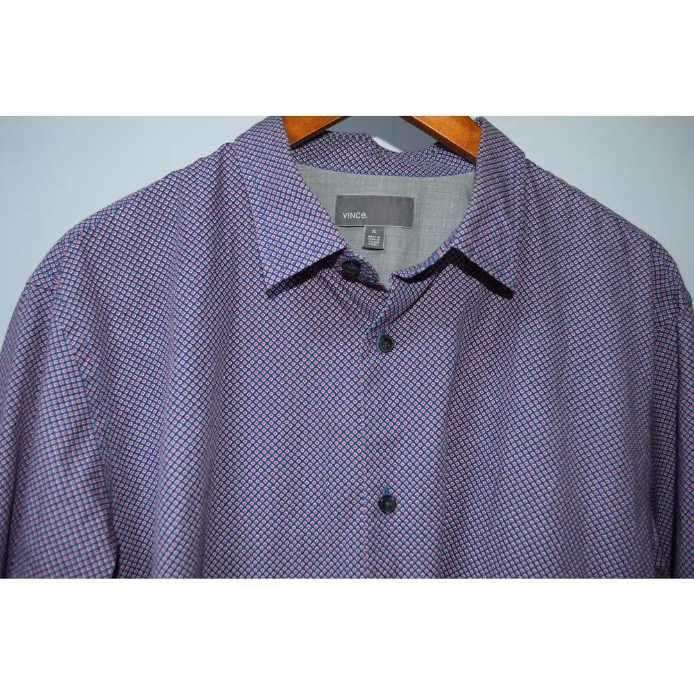 Vince Men’s XL Blue Red Geometric Print 100% Cotton Long Sleeve Button-Up Shirt